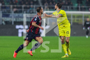 2022-11-09 - Francesco Acerbi of FC Internazionale competes with Marko Arnautovic of Bologna FC during Serie A 2022/23 football match between FC Internazionale and Bologna FC at Giuseppe Meazza Stadium, Milan, Italy on November 09, 2022 - INTER - FC INTERNAZIONALE VS BOLOGNA FC - ITALIAN SERIE A - SOCCER