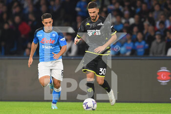 2022-11-08 - Giacomo Raspadori of SSC Napoli  and Petar Stojanovic of Empoli Football Club competes for the ball with during the Serie A match between SSC Napoli v Empoli Football Club at  Diego Armando Maradona Stadium - SSC NAPOLI VS EMPOLI FC - ITALIAN SERIE A - SOCCER
