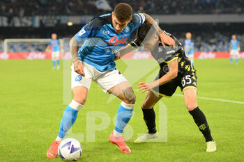 2022-11-08 - Giovanni Di Lorenzo of SSC Napoli  and Fabiano Parisi of Empoli Football Club competes for the ball with  during the Serie A match between SSC Napoli v Empoli Football Club at  Diego Armando Maradona Stadium - SSC NAPOLI VS EMPOLI FC - ITALIAN SERIE A - SOCCER