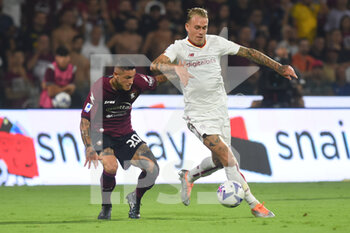 2022-08-14 - Pasquale Mazzocchi( US. Salernitana 1919) and Bryan Cristante ( AS. Roma) in action during the during the Serie A 2022/23 match between US Salernitana1919 and AS Roma  Arechi  Stadium - US SALERNITANA VS AS ROMA - ITALIAN SERIE A - SOCCER