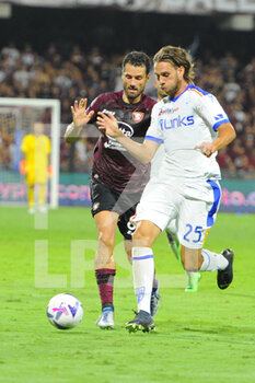 2022-09-16 - Antonino Gallo of US Lecce  competes for the ball with Antonio Candreva of US Salernitana  during the Serie A match between US Salernitana 1919 and US Lecce at Stadio Arechi   - US SALERNITANA VS US LECCE - ITALIAN SERIE A - SOCCER