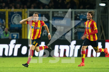 2022-11-10 - Federico Baschirotto, defender of Lecce, celebrates his goal during the Italian championship Serie A football match between US Lecce and Atalanta BC on November 9, 2022 at Stadio Via del Mare “Ettore Giardiniero” in Lecce, Italy - FOOTBALL - ITALIAN CHAMP - LECCE V ATALANTA - ITALIAN SERIE A - SOCCER