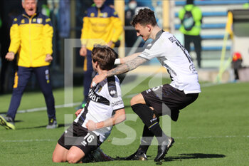 2022-02-26 - Adrian Bernabe’ of PARMA CALCIO celebrates after scoring a goal with Enrico Delpato of PARMA CALCIO during the Serie B match between Parma Calcio and Spal at Ennio Tardini on February 26, 2022 in Parma, Italy. - PARMA CALCIO VS SPAL - ITALIAN SERIE B - SOCCER