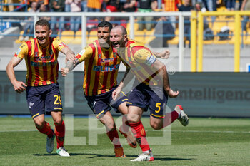 2022-04-25 - Fabio Lucioni (US Lecce) Mario Gargiulo (US Lecce) and Alexis Blin (US Lecce) celebrates after scoring a goal of 1-0 - US LECCE VS AC PISA - ITALIAN SERIE B - SOCCER