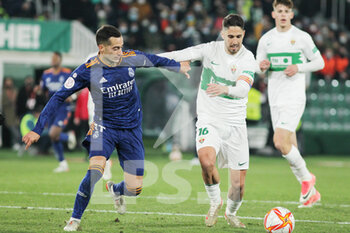 2022-01-20 - Lucas Vazquez of Real Madrid and Fidel Chaves de la Torre of Elche during the Spanish Cup, Copa del Rey, round of 16 football match between Elche CF and Real Madrid on January 20, 2022 at Martinez Valero stadium in Elche, Alicante, Spain - ELCHE CF VS REAL MADRID - SPANISH CUP - SOCCER