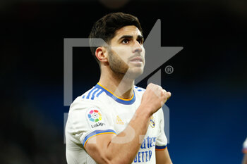2022-02-19 - Marco Asensio of Real Madrid celebrates a goal 1-0 during the Spanish championship La Liga football match between Real Madrid and Deportivo Alaves on February 19, 2022 at Santiago Bernabeu stadium in Madrid, Spain - REAL MADRID VS DEPORTIVO ALAVES - SPANISH LA LIGA - SOCCER