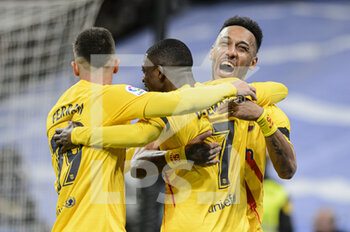 2022-03-20 - 20.03.2022, Madrid, Pierre-Emerick Aubameyang of Fc Barcelona celebrates his goal with team mates during the La Liga match between Real Madrid and FC Barcelona at Estadio Santiago Bernabeu on 20 March 2022 in Madrid Spain. - REAL MADRID VS FC BARCELONA - SPANISH LA LIGA - SOCCER
