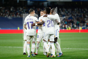2022-05-12 - Vinicius Junior of Real Madrid celebrates a goal during the Spanish championship La Liga football match between Real Madrid and Levante UD on May 12, 2022 at Santiago Bernabeu stadium in Madrid, Spain - REAL MADRID VS LEVANTE UD - SPANISH LA LIGA - SOCCER