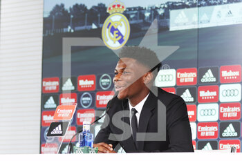 2022-06-14 - Aurelien Tchouameni during his first press conference as new player of Real Madrid on June 14, 2022 at Ciudad Deportiva Real Madrid in Valdebebas near Madrid Spain - FOOTBALL - PRESENTATION AURELIEN TCHOUAMENI IN REAL MADRID - SPANISH LA LIGA - SOCCER