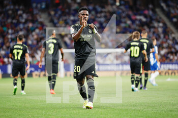 2022-08-28 - Vinicius Junior of Real Madrid celebrates a goal during the Spanish championship La Liga football match between RCD Espanyol and Real Madrid on August 28, 2022 at RCD Stadium in Cornella, Spain - FOOTBALL - SPANISH CHAMP - ESPANYOL V REAL MADRID - SPANISH LA LIGA - SOCCER