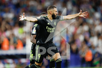 2022-08-28 - Karim Benzema of Real Madrid celebrates a goal during the Spanish championship La Liga football match between RCD Espanyol and Real Madrid on August 28, 2022 at RCD Stadium in Cornella, Spain - FOOTBALL - SPANISH CHAMP - ESPANYOL V REAL MADRID - SPANISH LA LIGA - SOCCER