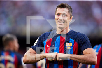 2022-08-28 - Robert Lewandowski of FC Barcelona reacts after scoring goal during the Spanish championship La Liga football match between FC Barcelona and Real Valladolid CF on August 28, 2022 at Spotify Camp Nou in Barcelona, Spain - FOOTBALL - SPANISH CHAMP - FC BARCELONA V REAL VALLADOLID - SPANISH LA LIGA - SOCCER