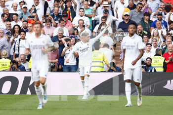 2022-10-16 - Federico Valverde of Real Madrid celebrates a goal 2-0 during the Spanish championship La Liga football match between Real Madrid and FC Barcelona on October 16, 2022 at Santiago Bernabeu stadium in Madrid, Spain - FOOTBALL - SPANISH CHAMP - REAL MADRID V FC BARCELONA - SPANISH LA LIGA - SOCCER