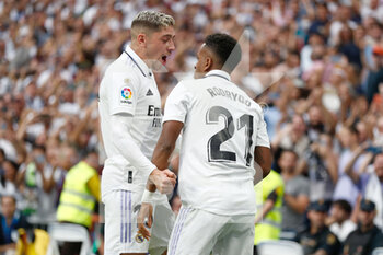 2022-10-16 - Rodrygo Goes of Real Madrid celebrates a goal 3-1 with Federico Valverde during the Spanish championship La Liga football match between Real Madrid and FC Barcelona on October 16, 2022 at Santiago Bernabeu stadium in Madrid, Spain - FOOTBALL - SPANISH CHAMP - REAL MADRID V FC BARCELONA - SPANISH LA LIGA - SOCCER