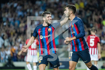 2022-10-23 - Ferran Torres of FC Barcelona celebrating a goal with Sergi Roberto during the Spanish championship La Liga football match between FC Barcelona and Athletic Club Bilbao on October 23, 2022 at Spotify Camp Nou in Barcelona, Spain - FOOTBALL - SPANISH CHAMP - FC BARCELONA V ATHLETIC CLUB - SPANISH LA LIGA - SOCCER