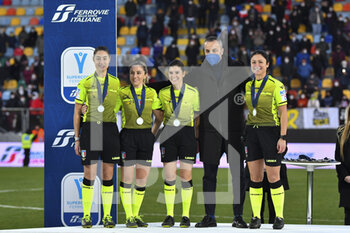 2022-01-08 - Referee Mariasole Ferrieri Caputi and assistant Francesca Di Monte, Veronica Martinelli and Deborah Bianchi during the Women's Italian Supercup Final between F.C. Juventus and A.C. Milan at the Benito Stirpe Stadium on 8th of January, 2022 in Frosinone, Italy. - FINAL - JUVENTUS WOMEN VS AC MILAN - WOMEN SUPERCOPPA - SOCCER