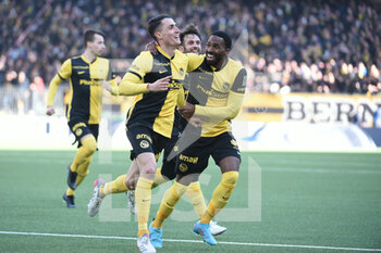 2022-02-13 - February 13, 2022, Bern, Wankdorf, Super League: BSC Young Boys - FC Basel 1893, #21 Ulisses Garcia (YB) is happy with #8 Vincent Sierro (YB) about his goal to make it 1-1. - BSC YOUNG BOYS VS FC BASEL 1893 - SWISS SUPER LEAGUE - SOCCER