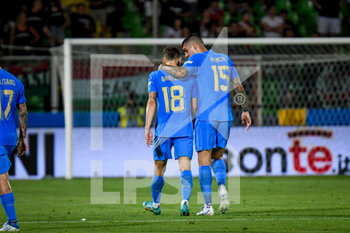 2022-06-07 - Italy's Nicolò Barella celebrates after scoring a goal 1-0 with Italy's Gianluca Mancini - ITALY VS HUNGARY - UEFA NATIONS LEAGUE - SOCCER
