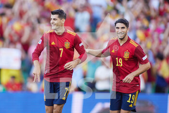 2022-06-02 - Alvaro Morata of Spain celebrates a goal 1-0 with Carlos Soler during the UEFA Nations League, League A - Group A2 football match between Spain and Portugal on June 2, 2022 at Benito Villamarin stadium in Sevilla, Spain - FOOTBALL - NATIONS LEAGUE - SPAIN V PORTUGAL - UEFA NATIONS LEAGUE - SOCCER