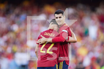2022-06-02 - Alvaro Morata of Spain celebrates a goal 1-0 with Pablo Sarabia during the UEFA Nations League, League A - Group A2 football match between Spain and Portugal on June 2, 2022 at Benito Villamarin stadium in Sevilla, Spain - FOOTBALL - NATIONS LEAGUE - SPAIN V PORTUGAL - UEFA NATIONS LEAGUE - SOCCER