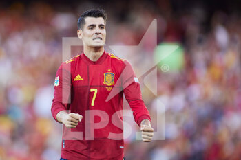 2022-06-02 - Alvaro Morata of Spain celebrates a goal 1-0 during the UEFA Nations League, League A - Group A2 football match between Spain and Portugal on June 2, 2022 at Benito Villamarin stadium in Sevilla, Spain - FOOTBALL - NATIONS LEAGUE - SPAIN V PORTUGAL - UEFA NATIONS LEAGUE - SOCCER