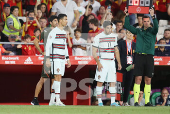 2022-06-02 - Cristiano Ronaldo and Goncalo Guedes of Portugal during the UEFA Nations League, League A - Group A2 football match between Spain and Portugal on June 2, 2022 at Benito Villamarin stadium in Sevilla, Spain - FOOTBALL - NATIONS LEAGUE - SPAIN V PORTUGAL - UEFA NATIONS LEAGUE - SOCCER
