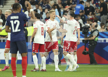 2022-06-03 - Andreas Cornelius of Denmark #21 celebrates his first goal during the UEFA Nations League League A - Group 1 football match between France and Denmark on June 3, 2022 at Stade de France in Saint-Denis near Paris, France - FOOTBALL - NATIONS LEAGUE - FRANCE V DENMARK - UEFA NATIONS LEAGUE - SOCCER