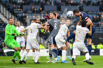 2022-06-08 - Scotland's Scott McKenna scores Scotland’s second goal with header during the UEFA Nations League 2022, League B - Group 1 football match between Scotland and Armenia on June 8, 2022 at Hampden Park in Glasgow, Scotland - FOOTBALL - NATIONS LEAGUE 2022 - SCOTLAND V ARMENIA - UEFA NATIONS LEAGUE - SOCCER