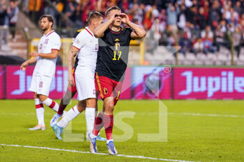 2022-06-08 - Leandro Trossard of Belgium is celebrating his goal during the UEFA Nations League 2022, League A - Group 4 football match between Belgium and Poland on June 8, 2022 at King Baudouin Stadium in Brussels, Belgium - FOOTBALL - NATIONS LEAGUE 2022 - BELGIUM V POLAND - UEFA NATIONS LEAGUE - SOCCER