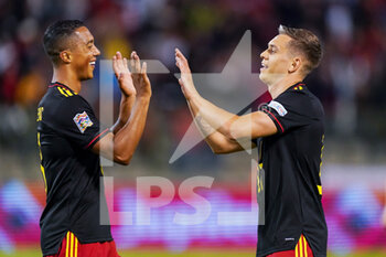 2022-06-08 - Leandro Trossard of Belgium is celebrating his second goal with Youri Tielemans during the UEFA Nations League 2022, League A - Group 4 football match between Belgium and Poland on June 8, 2022 at King Baudouin Stadium in Brussels, Belgium - FOOTBALL - NATIONS LEAGUE 2022 - BELGIUM V POLAND - UEFA NATIONS LEAGUE - SOCCER