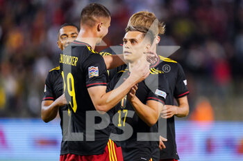 2022-06-08 - Leandro Trossard of Belgium is celebrating his goal with Leander Dendoncker of Belgium during the UEFA Nations League 2022, League A - Group 4 football match between Belgium and Poland on June 8, 2022 at King Baudouin Stadium in Brussels, Belgium - FOOTBALL - NATIONS LEAGUE 2022 - BELGIUM V POLAND - UEFA NATIONS LEAGUE - SOCCER