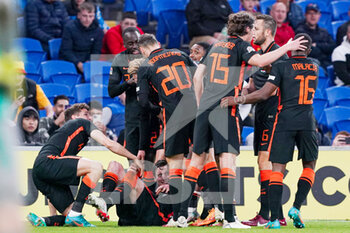 2022-06-08 - Players of The Netherlands celebrate after scoring during the UEFA Nations League 2022, League A - Group 4 football match between Wales and The Netherlands on June 8, 2022 at Cardiff City Stadium in Cardiff, Wales - FOOTBALL - NATIONS LEAGUE 2022 - WALES V NETHERLANDS - UEFA NATIONS LEAGUE - SOCCER
