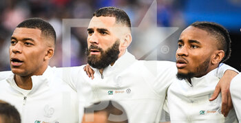 2022-06-13 - Kylian MBAPPE of France, Karim BENZEMA of France and Christopher NKUNKU of France during the UEFA Nations League, League A - Group 1 football match between France and Croatia on June 13, 2022 at Stade de France in Saint-Denis near Paris, France - FOOTBALL - NATIONS LEAGUE - FRANCE V CROATIA - UEFA NATIONS LEAGUE - SOCCER