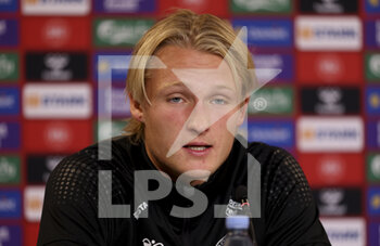 2022-09-25 - Kasper Dolberg of Denmark answers to the media during the post-match press conference following the UEFA Nations League, League A - Group 1 football match between Denmark and France on September 25, 2022 at Parken Stadium in Copenhagen, Denmark - FOOTBALL - NATIONS LEAGUE - DENMARK V FRANCE - UEFA NATIONS LEAGUE - SOCCER