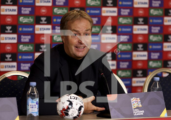 2022-09-25 - Coach of Denmark Kasper Hjulmand answers to the media during the post-match press conference following the UEFA Nations League, League A - Group 1 football match between Denmark and France on September 25, 2022 at Parken Stadium in Copenhagen, Denmark - FOOTBALL - NATIONS LEAGUE - DENMARK V FRANCE - UEFA NATIONS LEAGUE - SOCCER