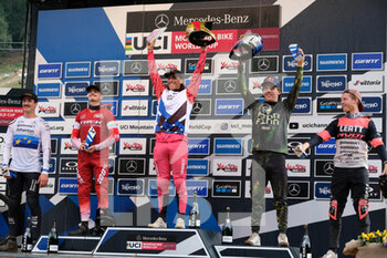 03/09/2022 - The podium - Amaury Pierron (FRA) first place - Loris Vergier (FRA) 2nd place - Iles Finn 3rd place  - UCI MOUNTAIN BIKE WORLD CUP - VAL DI SOLE 2022 - ELITE MEN AND WOMEN DOWNHILL RACE - MTB - MOUNTAIN BIKE - CICLISMO