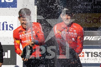 2022-03-13 - Damiano Caruso of Italy, Phil Bauhaus of Germany and Team Bahrain Victorious celebrating at podium with champagne as best team prize winner during the 57th Tirreno-Adriatico 2022 - Stage 7 a 159km stage from San Benedetto del Tronto to San Benedetto del Tronto / #TirrenoAdriatico / #WorldTour / on March 13, 2022 in San Benedetto del Tronto, Italy. ©Photo: Cinzia Camela. - 7^ TAPPA SAN BENEDETTO DEL TRONTO - TIRRENO - ADRIATICO - CYCLING