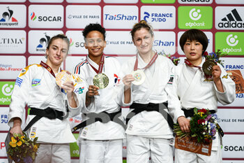 2022-02-05 - (LtoR) Kosovo's Distria Krasniqi (silver), France's Amandine Buchard (gold), Switzerland's Fabienne Kocher (bronze) and Japan's Shishime Ai (bronze) pose during the podium ceremony of the -52kg category during the Paris Grand Slam 2022, IJF World Judo Tour on February 5, 2022 at Accor Arena in Paris, France - PARIS GRAND SLAM 2022, IJF WORLD JUDO TOUR - JUDO - CONTACT