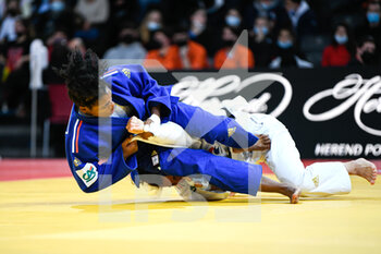 2022-02-05 - Women's -57 kg, Sarah-Leonie Cysique (blue) of France competes and wins by ippon over Faiza Mokdar of France with an armlock during the Paris Grand Slam 2022, IJF World Judo Tour on February 5, 2022 at Accor Arena in Paris, France - PARIS GRAND SLAM 2022, IJF WORLD JUDO TOUR - JUDO - CONTACT