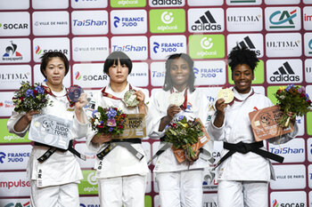 2022-02-05 - (LtoR) Japan's Tamaoki Momo (silver), Japan's Funakubo Haruka (gold), France's Priscilla Gneto (bronze) and France's Sarah-Leonie Cysique (bronze) pose during the podium ceremony of the -57 kg category during the Paris Grand Slam 2022, IJF World Judo Tour on February 5, 2022 at Accor Arena in Paris, France - PARIS GRAND SLAM 2022, IJF WORLD JUDO TOUR - JUDO - CONTACT