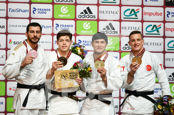 2022-02-06 - (LtoR) Azerbaijan's Mammadali Mehdiyev (silver), Japan's Murao Sanshiro (gold), Uzbekistan's Davlat Bobonov (bronze) and Turkey's Mihael Zgank (bronze) pose during the podium ceremony for the men's -90kg category during the Paris Grand Slam 2022, IJF World Judo Tour on February 6, 2022 at Accor Arena in Paris, France - PARIS GRAND SLAM 2022, IJF WORLD JUDO TOUR  - JUDO - CONTACT
