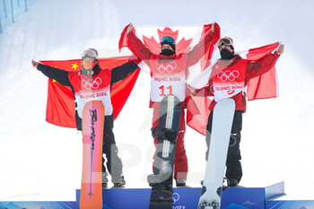 2022-02-07 - Su Yiming (CHN) Silver Medal, Max Parrot (CAN) Gold Medal, Mark McMorris (CAN) Bronze Medal during the Olympic Winter Games Beijing 2022, Snowboard, Men's Snowboard Slopestyle on February 7, 2022 at Genting Snow Park H & S Stadium in Zhangjiakou, China - OLYMPIC WINTER GAMES BEIJING 2022, FEBRUARY 07 - OLYMPIC WINTER GAMES BEIJING 2022 - OLYMPIC GAMES