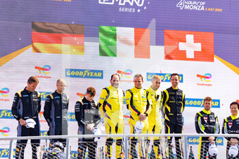 2022-07-03 - 57 Jensen Mikkel (dnk), Kimura Takeshi (jpn), SCHANDORFF Frederik (dnk), Car Guy Racing, Ferrari 488 GTE, 77 BRUNI Gianmaria (ita), FERRARI Lorenzo (ita), RIED Christian (ger), Proton Competition, Porsche 911 RSR-19, 60 CRESSONI Matteo (ita), RIGON Davide (ita), SCHIAVONI Claudio (ita), Iron Lynx, Ferrari 488 GTE, podium during the 4 Hours of Monza 2022, 3rd round of the 2022 European Le Mans Series on the Autodromo Nazionale di Monza from July 1 to 3, in Monza, Italy - AUTO - ELMS - 4 HOURS OF MONZA 2022 - ENDURANCE - MOTORS