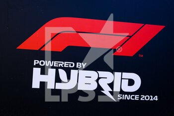 2022-03-17 - F1 hybrid engine logo during the Formula 1 Gulf Air Bahrain Grand Prix 2022, 1st round of the 2022 FIA Formula One World Championship, on the Bahrain International Circuit, from March 18 to 20, 2022 in Sakhir, Bahrain - FORMULA 1 GULF AIR BAHRAIN GRAND PRIX 2022, 1ST ROUND OF THE 2022 FIA FORMULA ONE WORLD CHAMPIONSHIP - FORMULA 1 - MOTORS