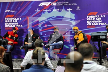 2022-03-18 - LECLERC Charles (mco), Scuderia Ferrari F1-75, portrait SCHUMACHER Mick (ger), Haas F1 Team VF-22 Ferrari, portrait VERSTAPPEN Max (ned), Red Bull Racing RB18, portrait NORRIS Lando (gbr), McLaren F1 Team MCL36, portrait press conference during the Formula 1 Gulf Air Bahrain Grand Prix 2022, 1st round of the 2022 FIA Formula One World Championship, on the Bahrain International Circuit, from March 18 to 20, 2022 in Sakhir, Bahrain - FORMULA 1 GULF AIR BAHRAIN GRAND PRIX 2022, 1ST ROUND OF THE 2022 FIA FORMULA ONE WORLD CHAMPIONSHIP - FORMULA 1 - MOTORS