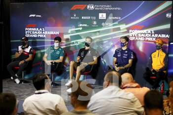 2022-03-25 - STROLL Lance (can), Aston Martin F1 Team AMR22, RUSSELL George (gbr), Mercedes AMG F1 Team W13, ALBON Alexander (tha), Williams Racing FW44, NORRIS Lando (gbr), McLaren F1 Team MCL36, portrait, press conference during the Formula 1 STC Saudi Arabian Grand Prix 2022, 2nd round of the 2022 FIA Formula One World Championship, on the Jeddah Corniche Circuit, from March 25 to 27, 2022 in Jeddah, Saudi Arabia - FORMULA 1 STC SAUDI ARABIAN GRAND PRIX 2022, 2ND ROUND OF THE 2022 FIA FORMULA ONE WORLD CHAMPIONSHIP - FORMULA 1 - MOTORS