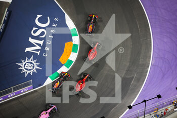 2022-03-27 - start of the race, depart, 11 PEREZ Sergio (mex), Red Bull Racing RB18, 16 LECLERC Charles (mco), Scuderia Ferrari F1-75, 55 SAINZ Carlos (spa), Scuderia Ferrari F1-75, 01 VERSTAPPEN Max (nld), Red Bull Racing RB18, action during the Formula 1 STC Saudi Arabian Grand Prix 2022, 2nd round of the 2022 FIA Formula One World Championship, on the Jeddah Corniche Circuit, from March 25 to 27, 2022 in Jeddah, Saudi Arabia - FORMULA 1 STC SAUDI ARABIAN GRAND PRIX 2022, 2ND ROUND OF THE 2022 FIA FORMULA ONE WORLD CHAMPIONSHIP - FORMULA 1 - MOTORS