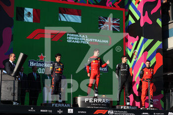 2022-04-09 - PEREZ Sergio (mex), Red Bull Racing RB18, RUSSELL George (gbr), Mercedes AMG F1 Team W13, LECLERC Charles (mco), Scuderia Ferrari F1-75, portrait podium during the Formula 1 Heineken Australian Grand Prix 2022, 3rd round of the 2022 FIA Formula One World Championship, on the Albert Park Circuit, from April 8 to 10, 2022 in Melbourne, Australia - FORMULA 1 HEINEKEN AUSTRALIAN GRAND PRIX 2022, 3RD ROUND OF THE 2022 FIA FORMULA ONE WORLD CHAMPIONSHIP - FORMULA 1 - MOTORS