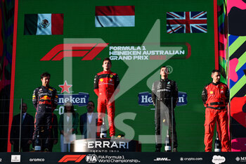 2022-04-10 - Podium: LECLERC Charles (mco), Scuderia Ferrari F1-75, PEREZ Sergio (mex), Red Bull Racing RB18, RUSSELL George (gbr), Mercedes AMG F1 Team W13, portrait during the Formula 1 Heineken Australian Grand Prix 2022, 3rd round of the 2022 FIA Formula One World Championship, on the Albert Park Circuit, from April 8 to 10, 2022 in Melbourne, Australia - FORMULA 1 HEINEKEN AUSTRALIAN GRAND PRIX 2022, 3RD ROUND OF THE 2022 FIA FORMULA ONE WORLD CHAMPIONSHIP - FORMULA 1 - MOTORS