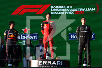 2022-04-10 - Podium: LECLERC Charles (mco), Scuderia Ferrari F1-75, PEREZ Sergio (mex), Red Bull Racing RB18, RUSSELL George (gbr), Mercedes AMG F1 Team W13, portrait during the Formula 1 Heineken Australian Grand Prix 2022, 3rd round of the 2022 FIA Formula One World Championship, on the Albert Park Circuit, from April 8 to 10, 2022 in Melbourne, Australia - FORMULA 1 HEINEKEN AUSTRALIAN GRAND PRIX 2022, 3RD ROUND OF THE 2022 FIA FORMULA ONE WORLD CHAMPIONSHIP - FORMULA 1 - MOTORS